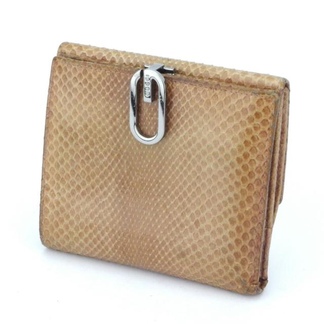 【BIGお買い物ラリー★30%OFFセール中】グッチ GUCCI 二つ折り財布パイソン Gマーク ベージュ ブラウン シルバー系 レディース 中古
