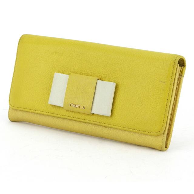 【X'masセール★30%OFF】ミュウミュウ MIUMIU 長財布リボン イエロー ホワイト 白 ゴールド レディース 中古