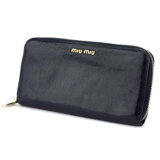 【BIGお買い物ラリー★30%OFFセール中】ミュウミュウ MIUMIU 長財布ロゴ ブラック ゴールド レディース 中古