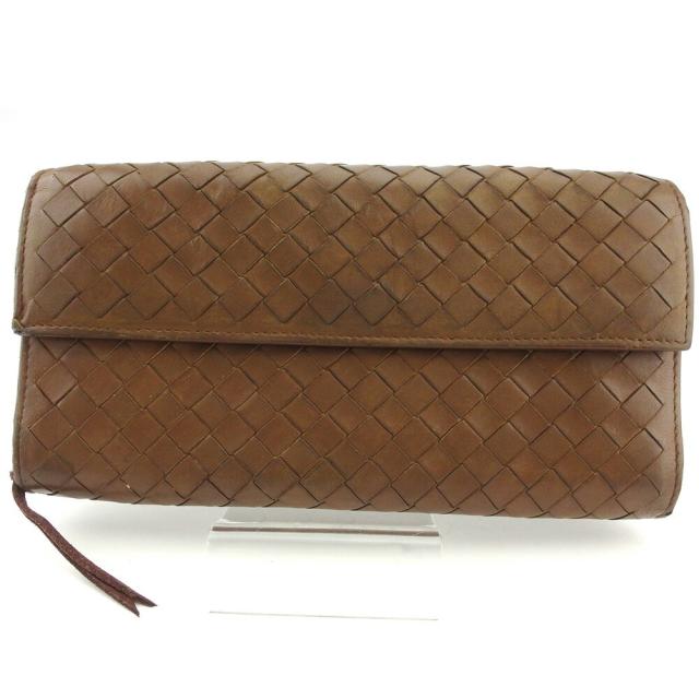 【BIGお買い物ラリー★30%OFFセール中】ボッテガヴェネタ BOTTEGAVENETA 長財布イントレチャート ブラウン ゴールド レディース 中古
