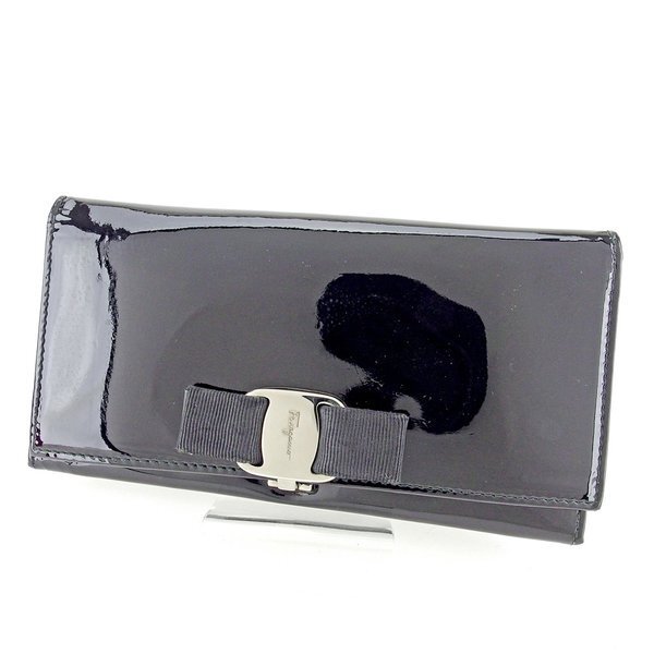 【BIGお買い物ラリー★30%OFFセール中】サルヴァトーレフェラガモ Salvatore Ferragamo 長財布ヴァラリボン ブラック シルバー レディース 中古