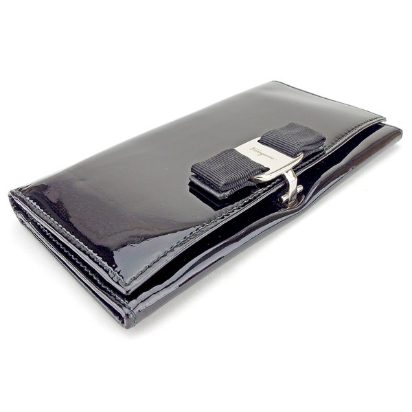 【週末タイムSALE★30%OFF】サルヴァトーレフェラガモ Salvatore Ferragamo 長財布ヴァラリボン ブラック シルバー レディース 中古
