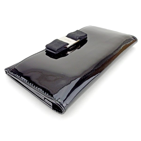 【週末タイムSALE★30%OFF】サルヴァトーレフェラガモ Salvatore Ferragamo 長財布ヴァラリボン ブラック シルバー レディース 中古
