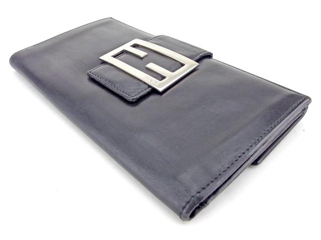 【30％OFF★週末タイムSALE】フェンディ FENDI 長財布FFプレート ブラック シルバー レディース 中古_2