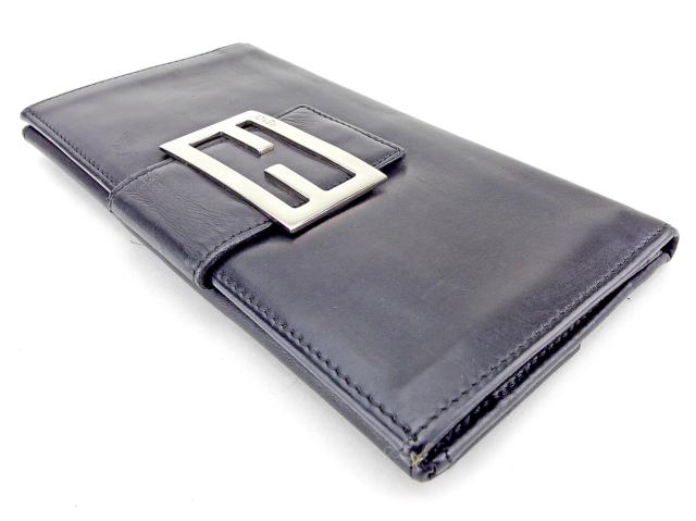 【30％OFF★週末タイムSALE】フェンディ FENDI 長財布FFプレート ブラック シルバー レディース 中古_3