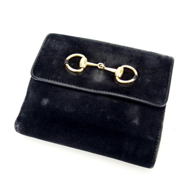 【BIGお買い物ラリー★30%OFFセール中】グッチ GUCCI 二つ折り財布ホースビット ブラック ゴールド レディース 中古