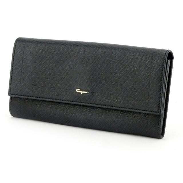 【BIGお買い物ラリー★30%OFFセール中】サルヴァトーレフェラガモ Salvatore Ferragamo 長財布ロゴ ブラック ゴールド レディース 中古