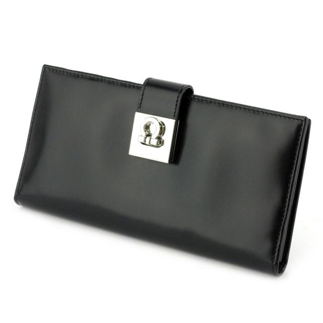 【BIGお買い物ラリー★30%OFFセール中】サルヴァトーレフェラガモ Salvatore Ferragamo 長財布ガンチーニ ブラック シルバー レディース 中古