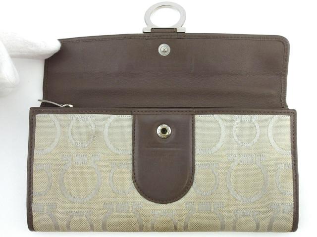 サルヴァトーレフェラガモ Salvatore Ferragamo 長財布ガンチーニ ベージュ ブラウン シルバー レディース 中古_4