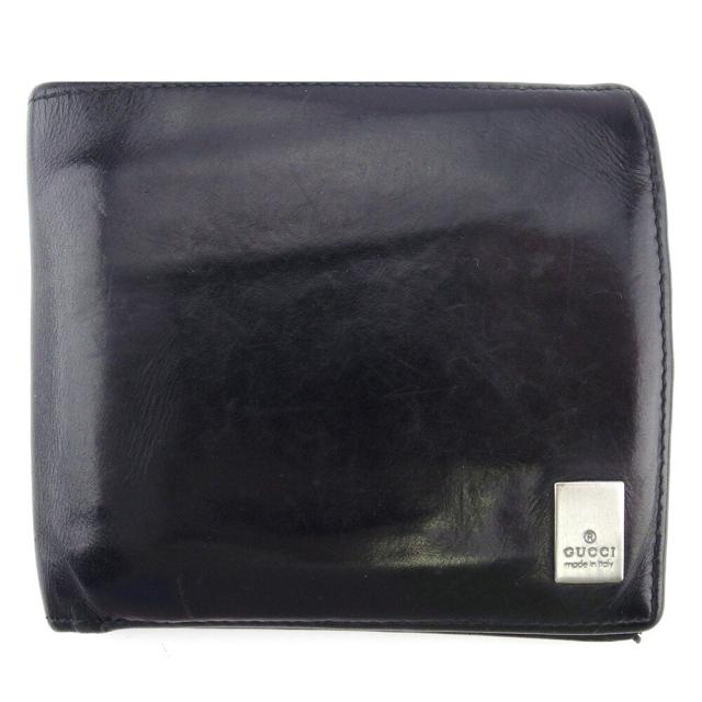 【BIGお買い物ラリー★30%OFFセール中】グッチ GUCCI 二つ折り財布ロゴプレート ブラック シルバー レディース 中古