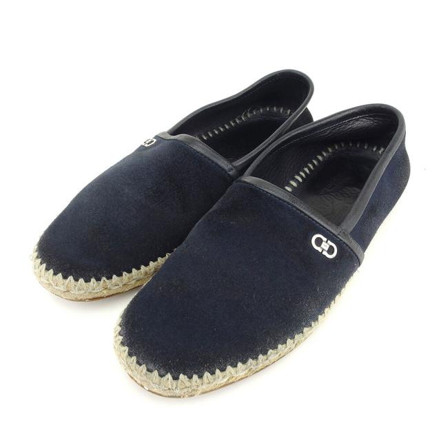 【BIGお買い物ラリー★30%OFFセール中】サルヴァトーレフェラガモ Salvatore Ferragamo スリッポンガンチーニ ♯7EE ネイビー ブラック シルバー レディース 中古