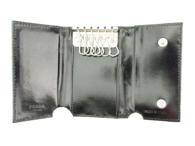 プラダ PRADA キーケーストライアングルロゴ キルティング ステッチ ブルー ブラック シルバー レディース 中古_4