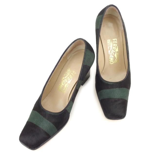 【X'masセール★30%OFF】サルヴァトーレフェラガモ Salvatore Ferragamo パンプス #6 ブラック グリーン レディース 中古