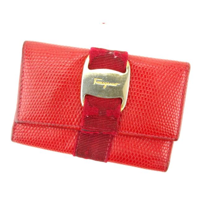 【BIGお買い物ラリー★30%OFFセール中】サルヴァトーレフェラガモ Salvatore Ferragamo キーケースヴァラ リザード調 レッド ゴールド レディース 中古