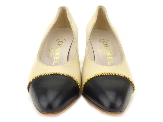シャネル CHANEL パンプスバイカラー ♯34ハーフ チェーントゥ ベージュ ブラック ゴールド レディース 中古_1