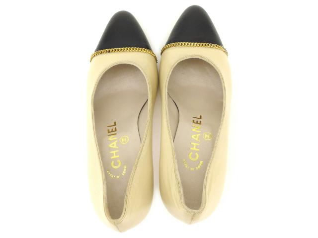 シャネル CHANEL パンプスバイカラー ♯34ハーフ チェーントゥ ベージュ ブラック ゴールド レディース 中古_2