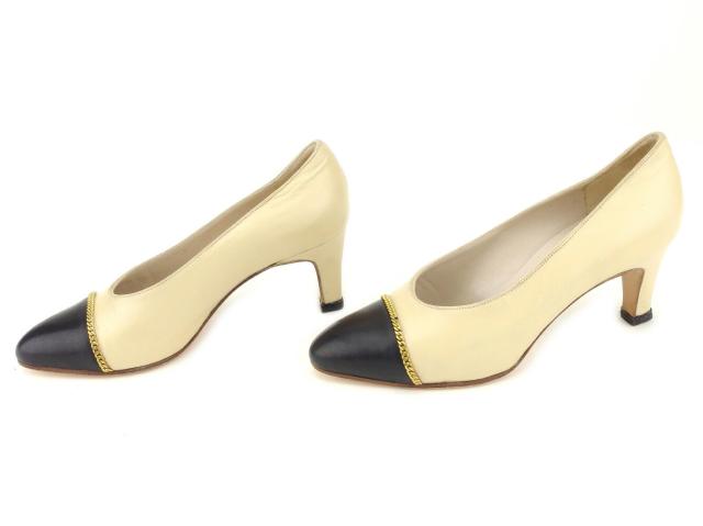 シャネル CHANEL パンプスバイカラー ♯34ハーフ チェーントゥ ベージュ ブラック ゴールド レディース 中古_5