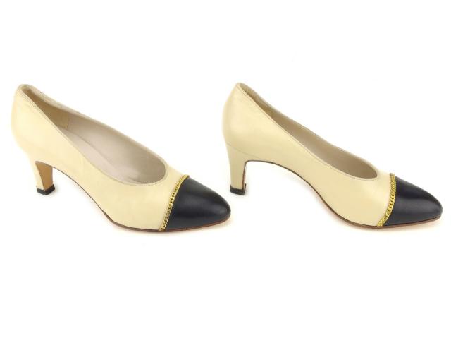 シャネル CHANEL パンプスバイカラー ♯34ハーフ チェーントゥ ベージュ ブラック ゴールド レディース 中古_6