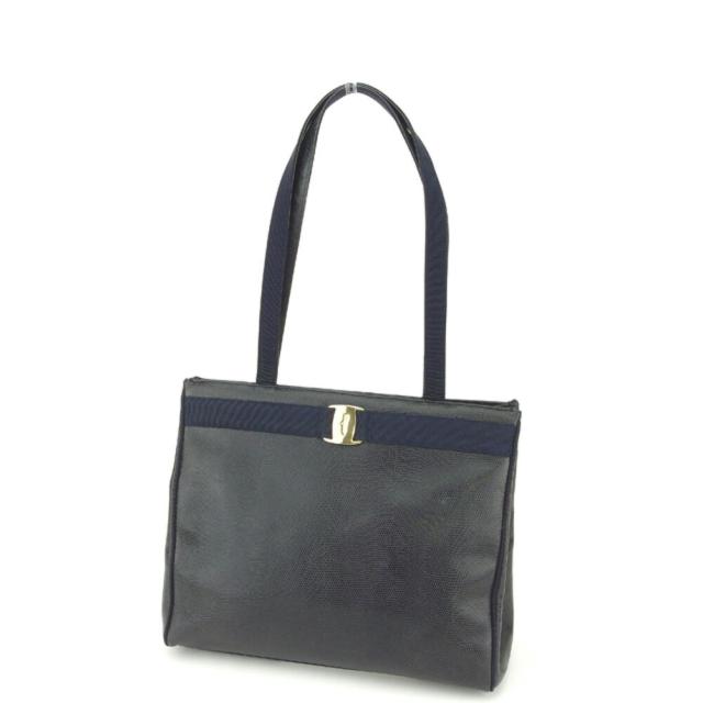 【BIGお買い物ラリー★30%OFFセール中】サルヴァトーレフェラガモ Salvatore Ferragamo トートバッグヴァラ リザード調 ブラック ネイビー ゴールド レディース 中古