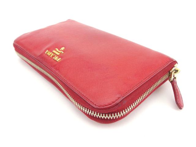 【週末タイムSALE★30%OFF】プラダ PRADA 長財布ロゴ レッド ゴールド レディース 中古
