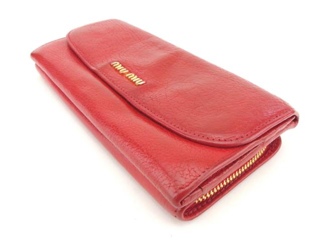 【30％OFF★週末タイムSALE】ミュウミュウ MIUMIU 長財布ロゴ レッド ゴールド レディース 中古_1