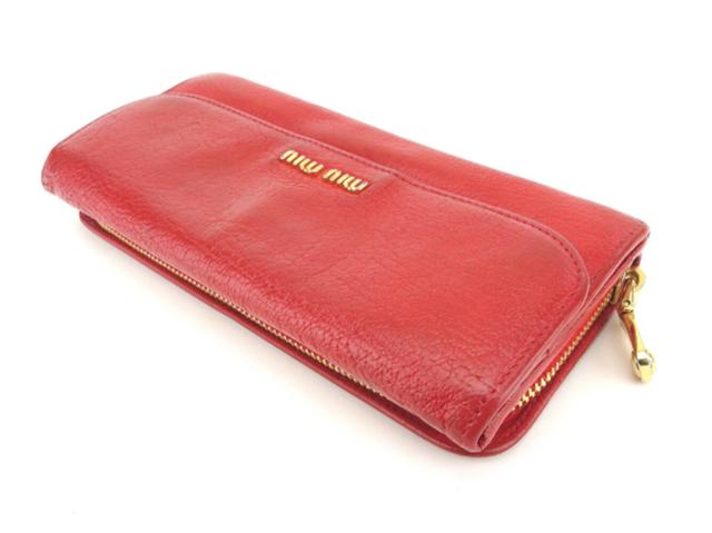 【30％OFF★週末タイムSALE】ミュウミュウ MIUMIU 長財布ロゴ レッド ゴールド レディース 中古_2