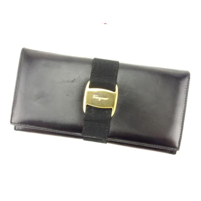 【BIGお買い物ラリー★30%OFFセール中】サルヴァトーレフェラガモ Salvatore Ferragamo 長財布ヴァラ ブラック ゴールド レディース 中古