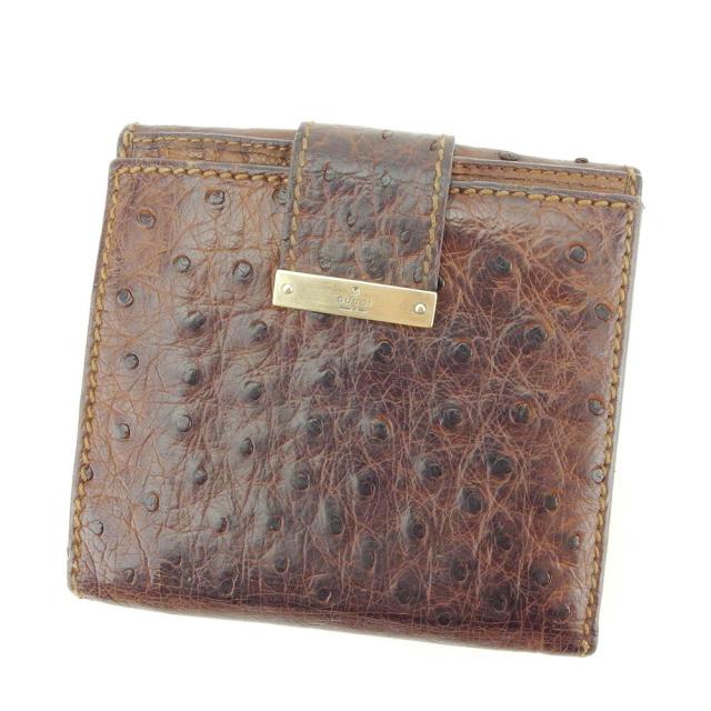 【BIGお買い物ラリー★30%OFFセール中】グッチ GUCCI 二つ折り財布オーストリッチ クイルマーク ブラウン ゴールド レディース 中古