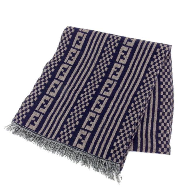 【X'masセール★30%OFF】フェンディ FENDI マフラーFF柄 ストライプ チェック ネイビー グレー 灰色 レディース 中古