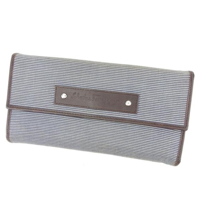 【BIGお買い物ラリー★30%OFFセール中】サルヴァトーレフェラガモ Salvatore Ferragamo 三つ折り財布ボーダー柄 ブラウン ネイビー ホワイト 白 レディース 中古