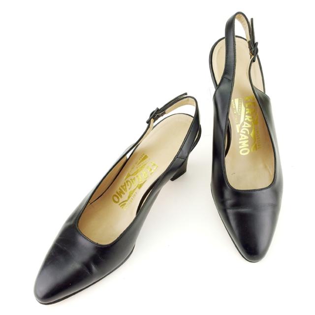 【X'masセール★30%OFF】サルヴァトーレフェラガモ Salvatore Ferragamo パンプススリングバック ♯5C スタックヒール ブラック ゴールド レディース 中古