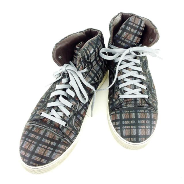 【X'masセール★30%OFF】ランバン LANVIN スニーカーチェック ♯10サイズ ハイカット ブラック ブラウン グレー 灰色系 レディース 中古