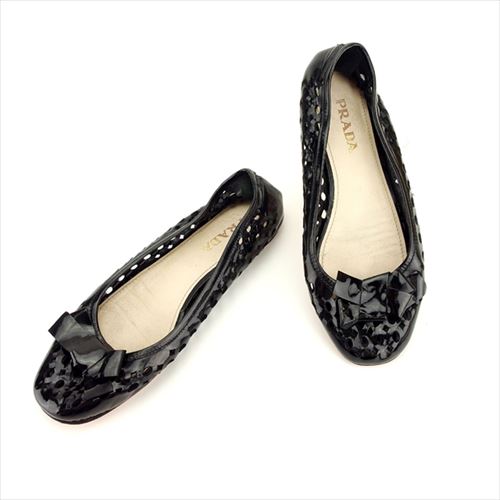 【X'masセール★30%OFF】プラダ PRADA パンプスリボンモチーフ #35ハーフ ブラック レディース 中古
