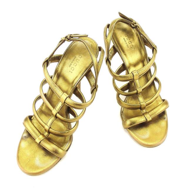 【BIGお買い物ラリー★30%OFFセール中】グッチ GUCCI サンダルグラディエーター ♯35 ピンヒール ゴールド系 レディース 中古