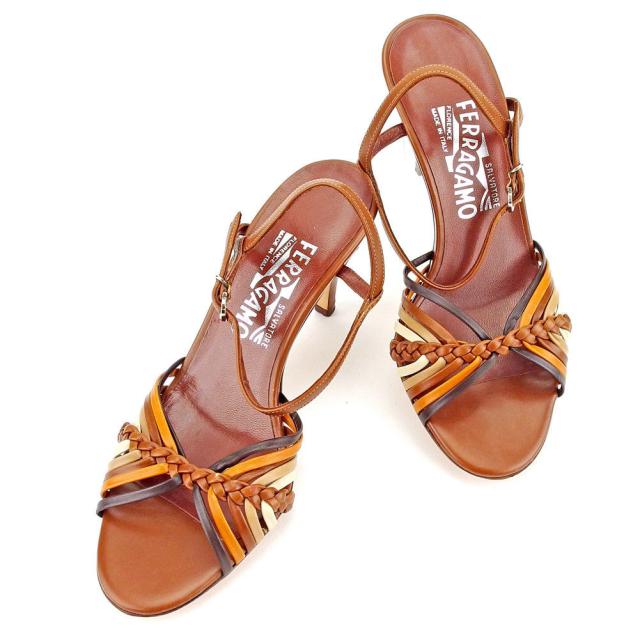 【BIGお買い物ラリー★30%OFFセール中】サルヴァトーレフェラガモ Salvatore Ferragamo サンダルアンクルストラップ ♯4ハーフC ブラウン系 シルバー レディース 中古