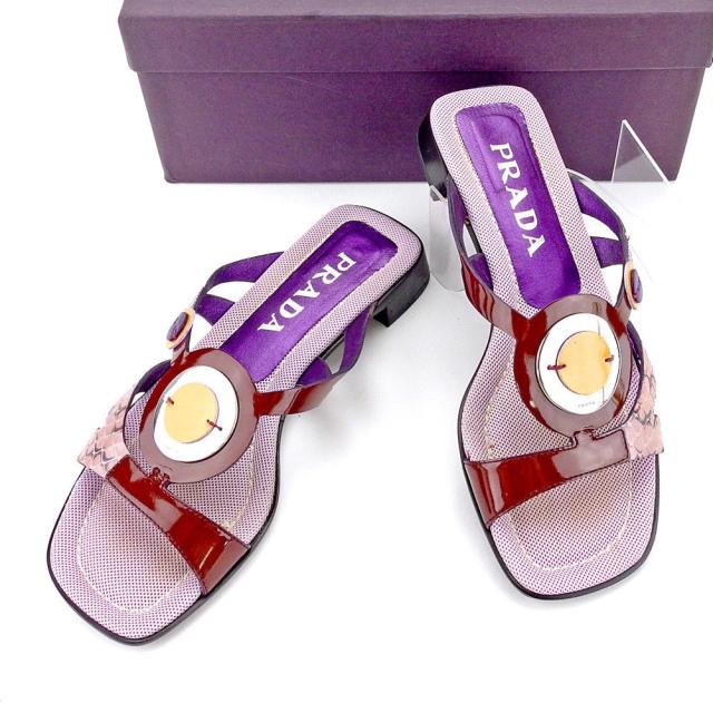 【X'masセール★30%OFF】プラダ PRADA サンダルロゴプレート ♯35ハーフ 異素材切替え パープル×ブラウン×シルバー系 レディース 中古