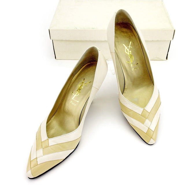【BIGお買い物ラリー★30%OFFセール中】サンローラン SAINT LAURENT パンプスつま先切替え ♯34ハーフ ポインテッドトゥ オフホワイト×ベージュ レディース 中古
