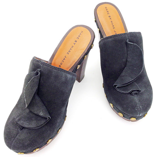 【BIGお買い物ラリー★30%OFFセール中】マークバイマークジェイコブス MARC BY MARC JACOBS サンダルサボ フリル ♯36 チャンキーヒール ブラック×ブラウン×アンティークゴールド レディース 中古