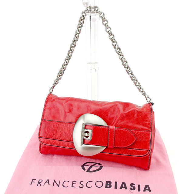 【BIGお買い物ラリー★30%OFFセール中】フランチェスコ・ビアジア FRANCESCO BIASIA ショルダーバッグベルトデザイン レッド×シルバー レディース 中古