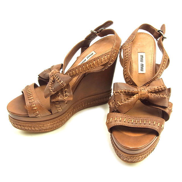 【X'masセール★30%OFF】ミュウミュウ MIUMIU サンダルリボンモチーフ ブラウン レディース 中古