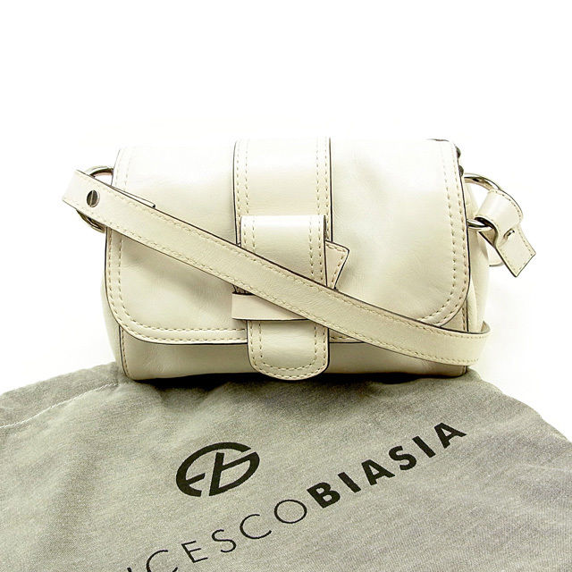 【BIGお買い物ラリー★30%OFFセール中】フランチェスコ・ビアジア FRANCESCO BIASIA ショルダーバッグダブルステッチ ホワイト×シルバー レディース 中古