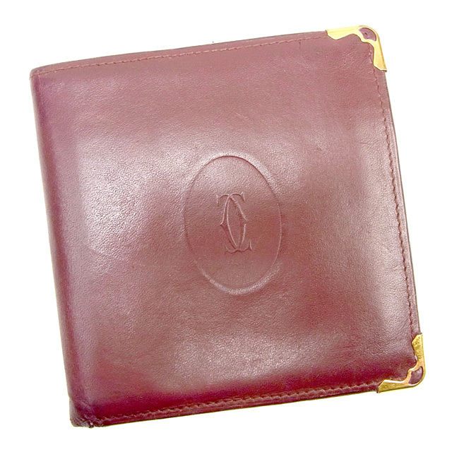 【BIGお買い物ラリー★30%OFFセール中】カルティエ CARTIER 二つ折り財布マストライン ボルドー×ゴールド レディース 中古