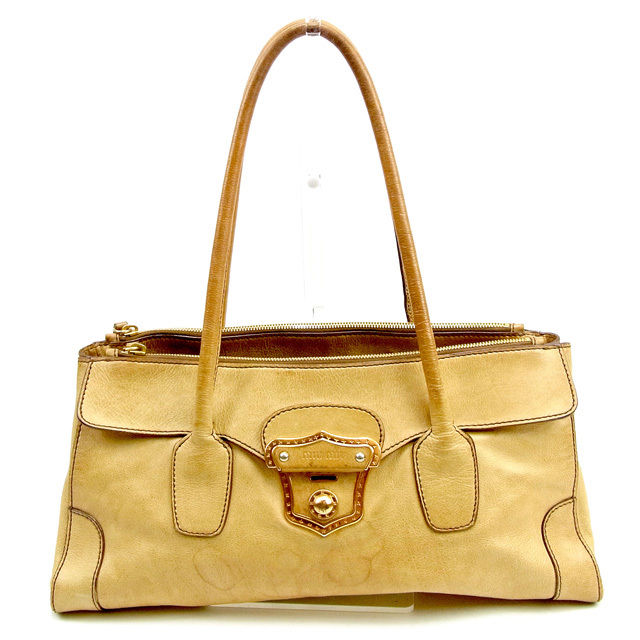 【X'masセール★30%OFF】ミュウミュウ MIUMIU トートバッグ金具ロック ベージュ×ピンクゴールド系 レディース 中古