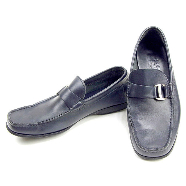 【BIGお買い物ラリー★30%OFFセール中】サルヴァトーレフェラガモ Salvatore Ferragamo ローファーヴァラモチーフ ♯5ハーフEE ダークネイビー×シルバー レディース 中古