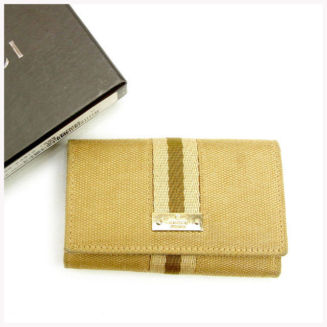 【BIGお買い物ラリー★30%OFFセール中】グッチ GUCCI キーケースシェリーライン ベージュ×カーキ×ゴールド レディース 中古