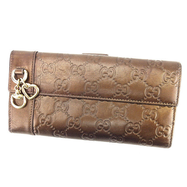 【BIGお買い物ラリー★30%OFFセール中】グッチ GUCCI 長財布グッチシマ ハートチャーム付き メタリックブラウン×ゴールド レディース 中古