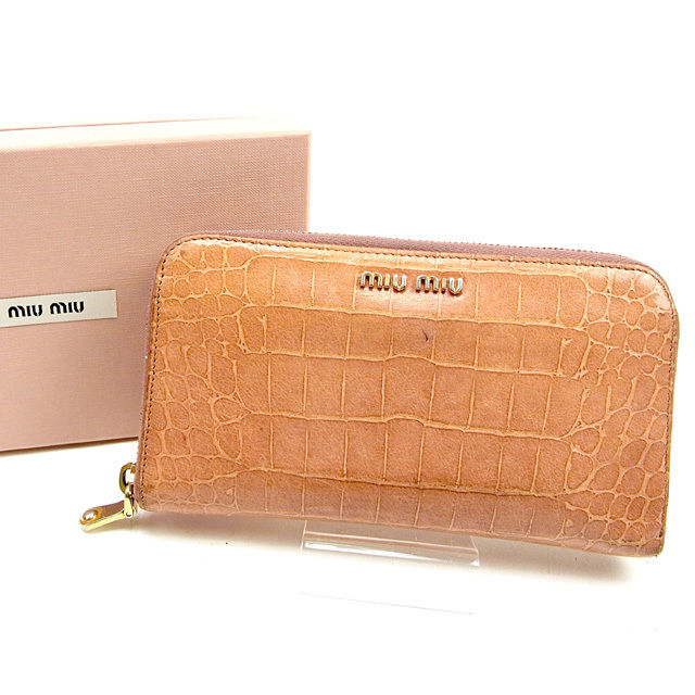 【X'masセール★30%OFF】ミュウミュウ MIUMIU 長財布クロコダイル調 ピンク×ゴールド レディース 中古