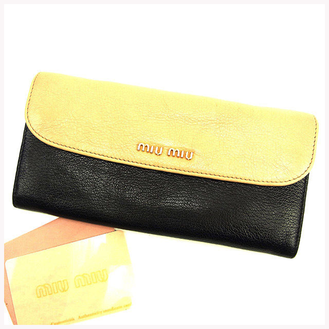 【X'masセール★30%OFF】ミュウミュウ MIUMIU 長財布 ベージュ×ブラック レディース 中古