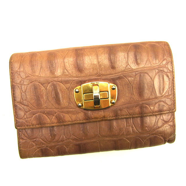 【BIGお買い物ラリー★30%OFFセール中】ミュウミュウ MIUMIU 三つ折り財布クロコダイル型押し ブラウン系×ベージュ レディース 中古