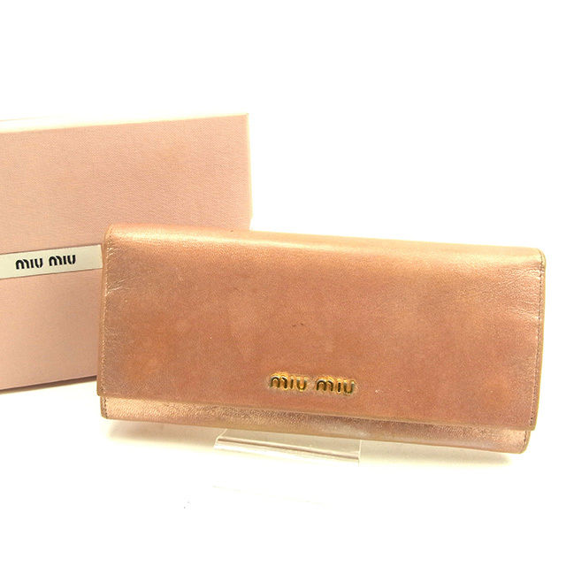 【BIGお買い物ラリー★30%OFFセール中】ミュウミュウ MIUMIU 長財布ロゴ メタリックピンク×ゴールド レディース 中古